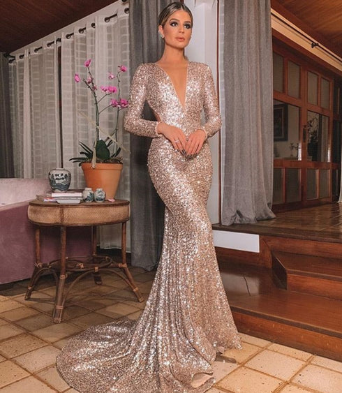 V-neck halter sequin dress maxi skirt - ROUTINE FASHION